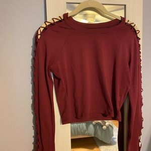 ALO Yoga Maroon Crop Finesse Top Cut Out Long Sleeve